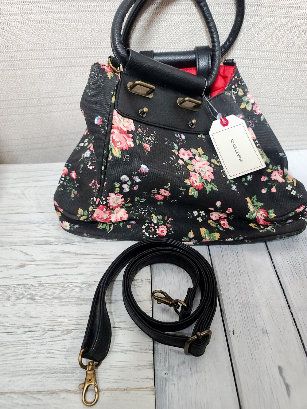 Adam Levine Collection Black Floral Tote with Pink Roses - Picture 14 of 16